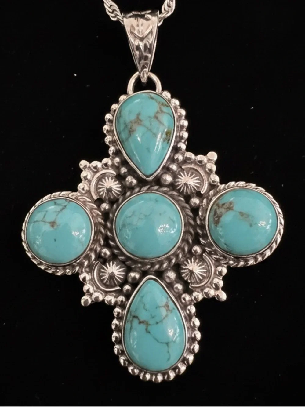 Beautiful Kingman Turquoise Stone Cross Pendant Necklace sterling‎ silver